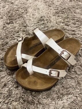 Birkenstock White Two-Strap Slide Sandals with Buckles